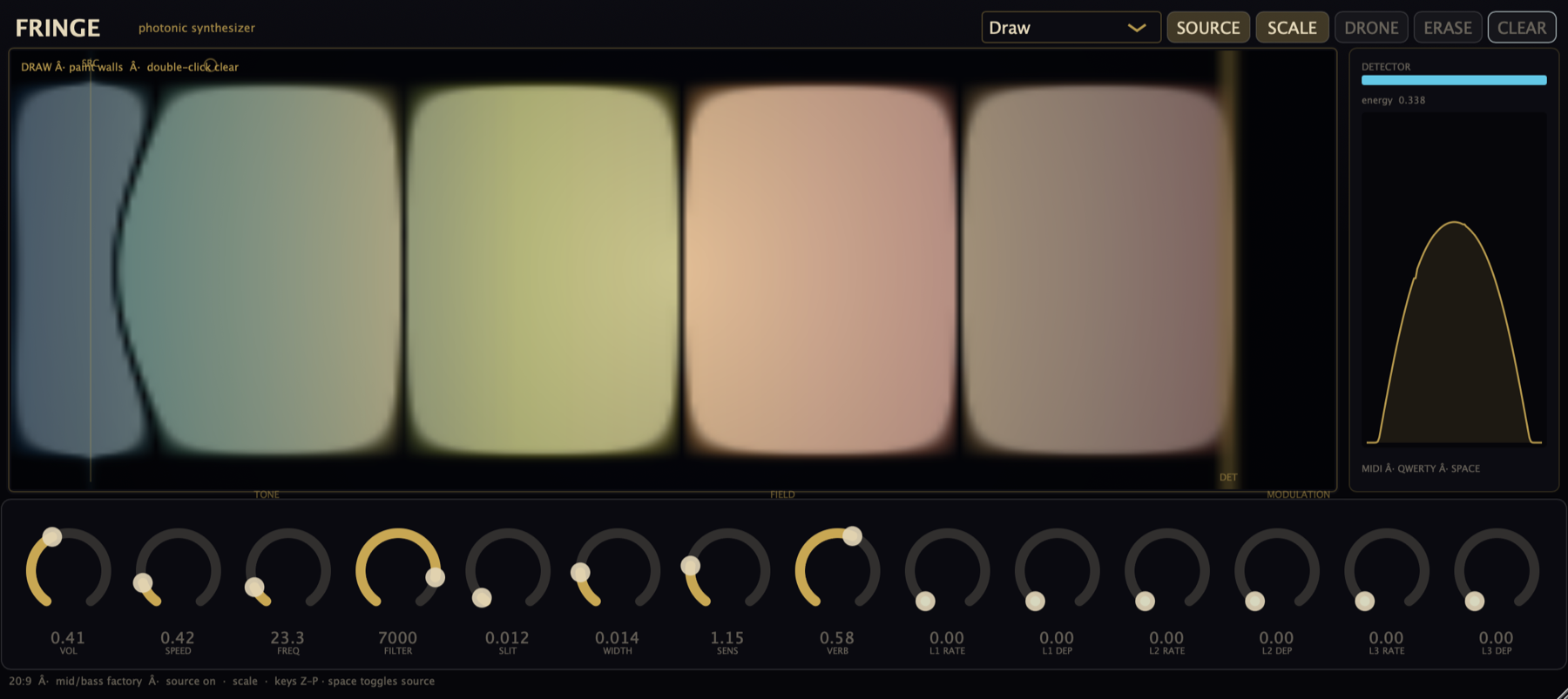 Fringe plugin editor showing wave field, detector panel, and knobs